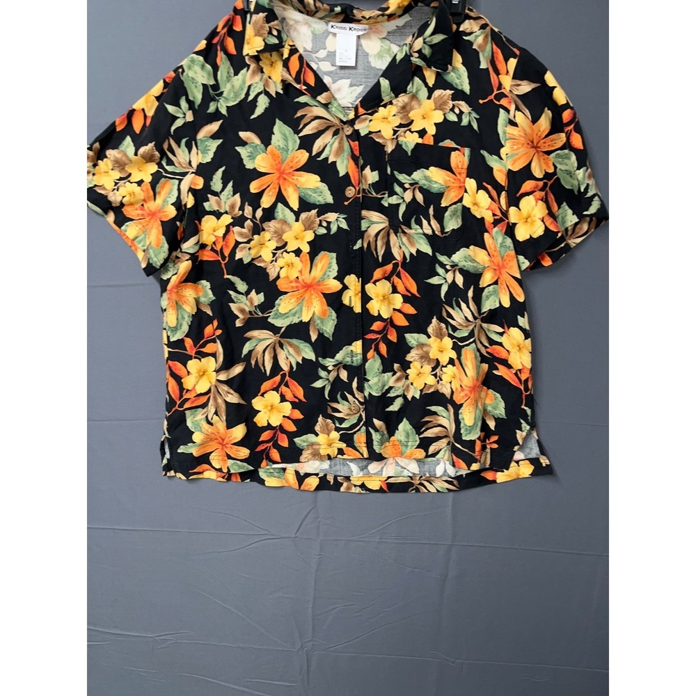 Kriss Kross Hawaiian Shirt Womens 16 Multicolor Floral Silk Camp Collar Beach
